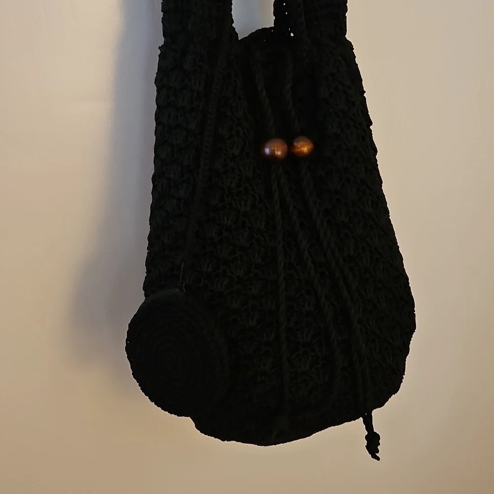 Vintage Black Crochet Drawstring Nap Sack Hobo Festival Bag with Coin Pouch